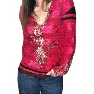 Vtg Mirasol Blouse Top Sz S Colorful Floral Crinkled V Neck Semi-Sheer Artsy